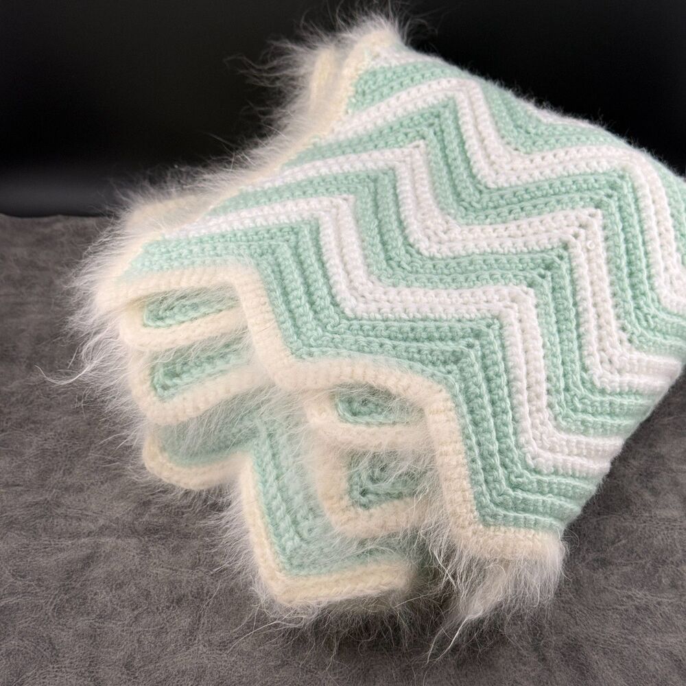 Small Blanket Mint Green White Handmade Crochet Knit Angora Edge Baby 35x27 VTG
